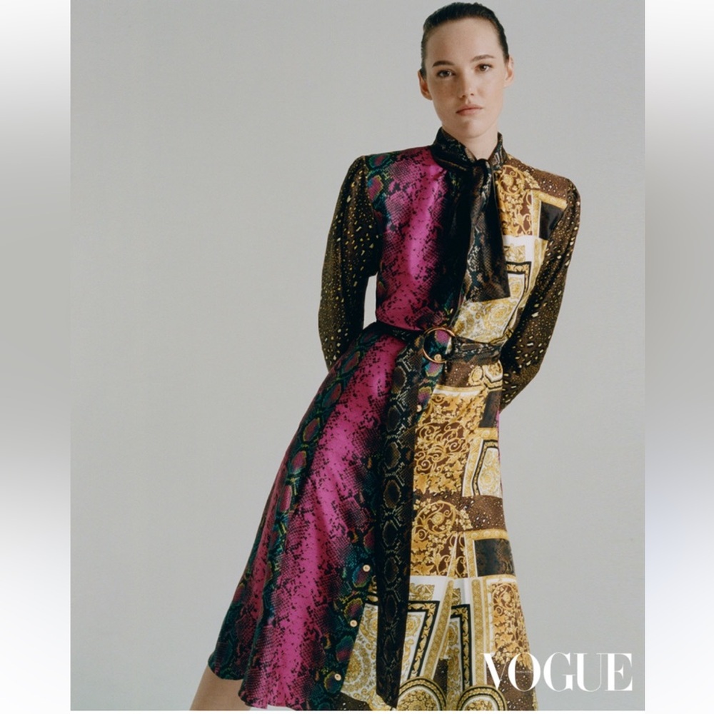 Versace Silk-Blend Midi Dress in Fuchsia and Gold Patchwork